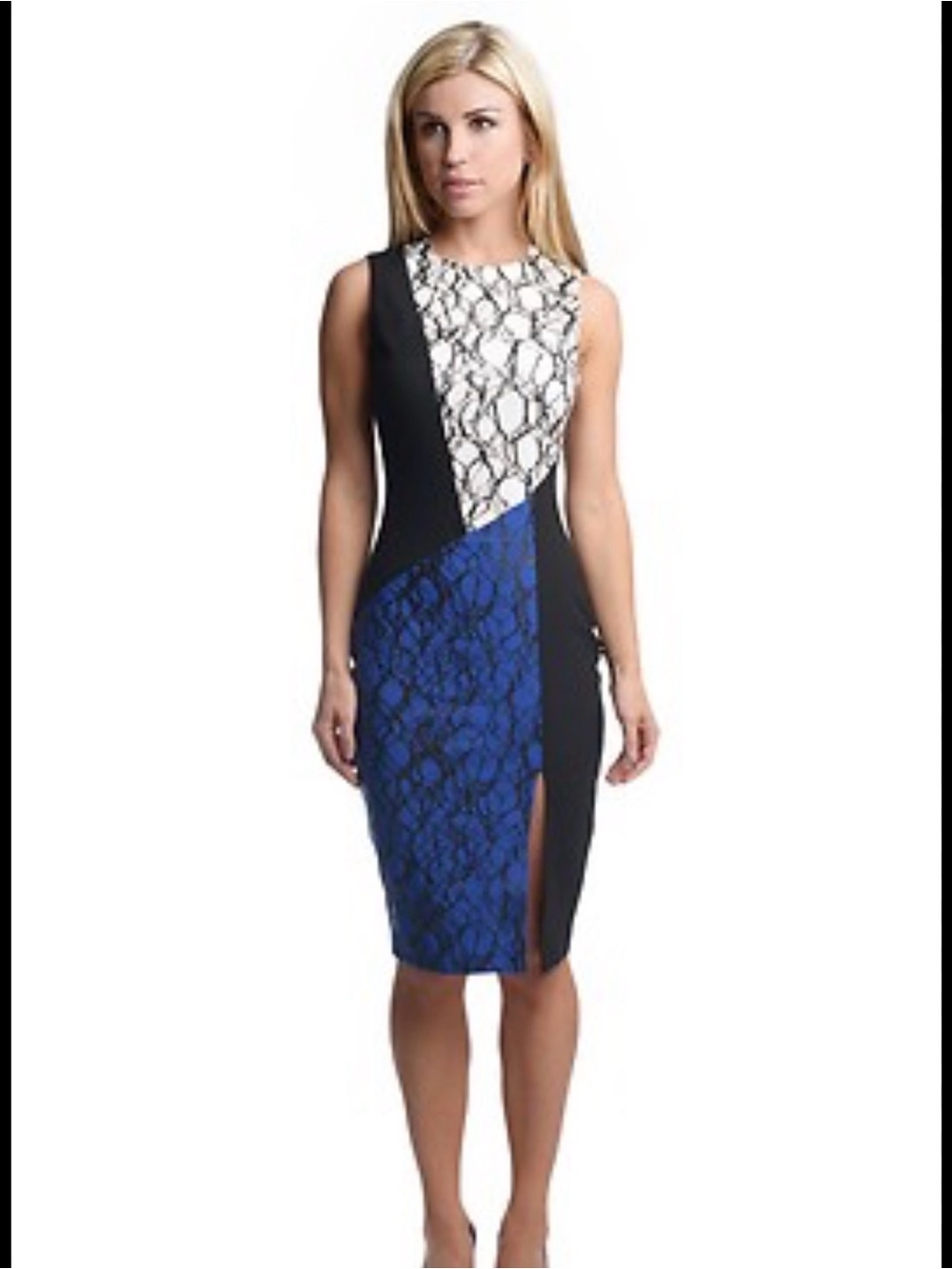 Elizabeth and James Black, White & Blue Lace Colorblock Midi Dress